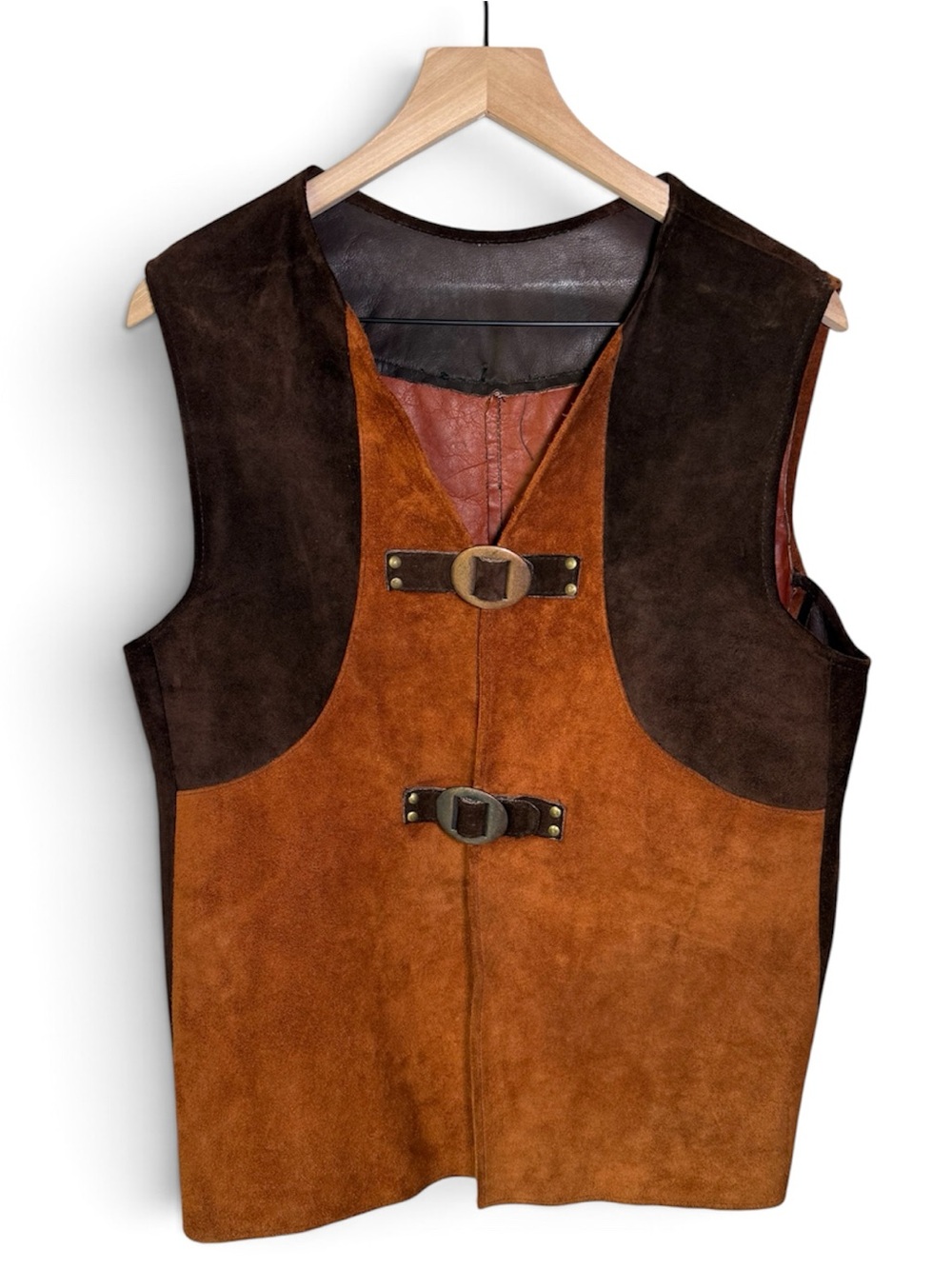 VTG Suede Leather Vest With Dual Buckle Womens Large Camel Brown Western